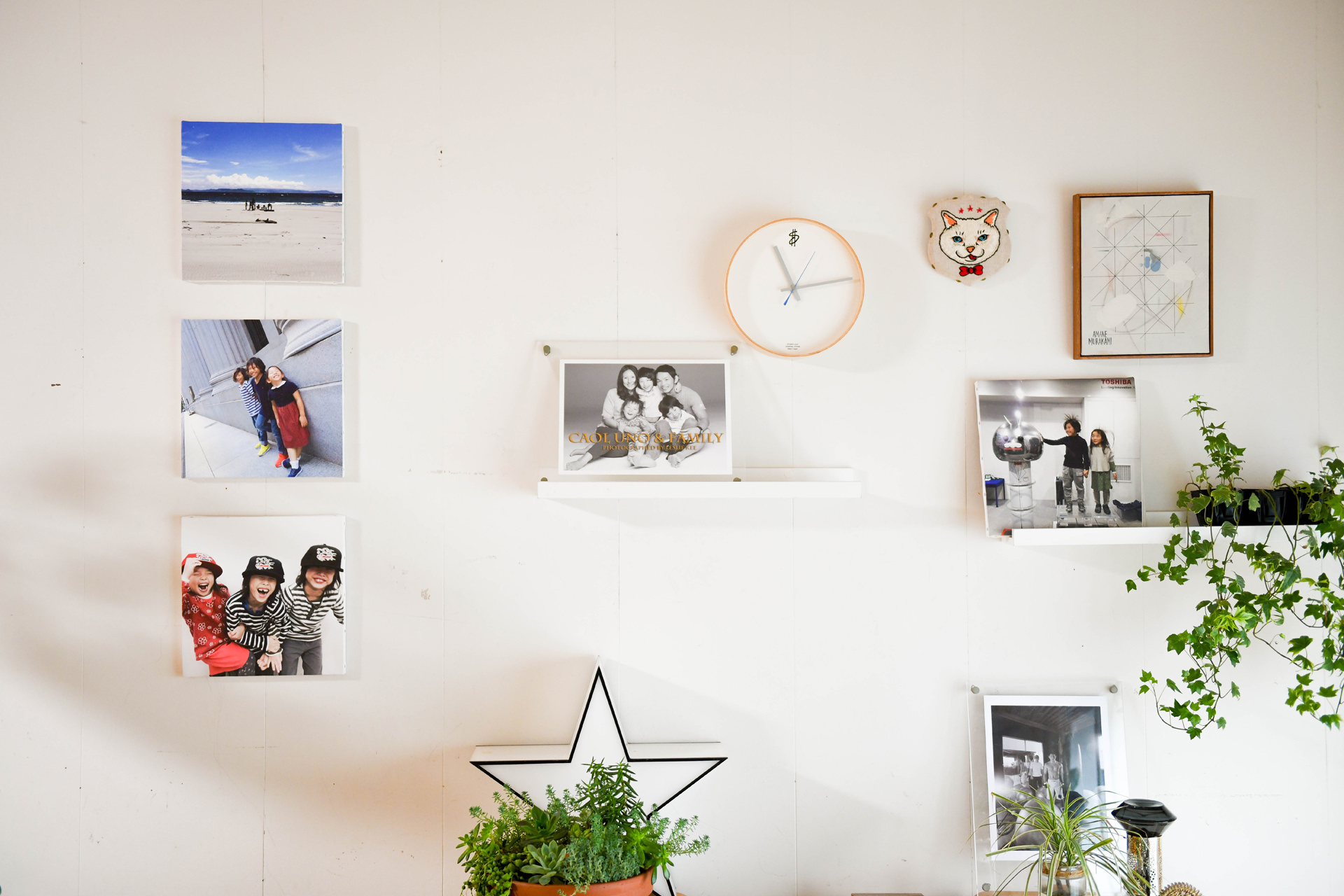 白い壁に数枚の小さな写真プリントと観葉植物がバランスよく配置された、清潔感のあるインテリア。