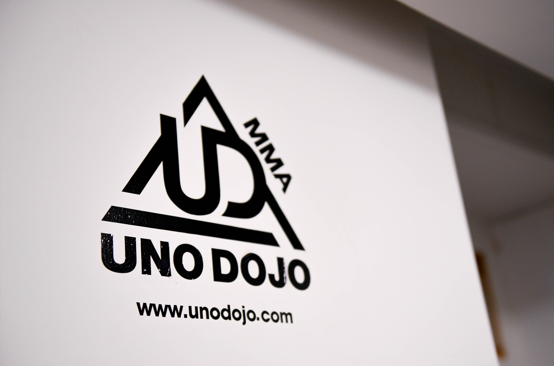 壁に描かれた、三角形のシンボルマークと「UNIT DOJO」のタイポグラフィによるロゴ。