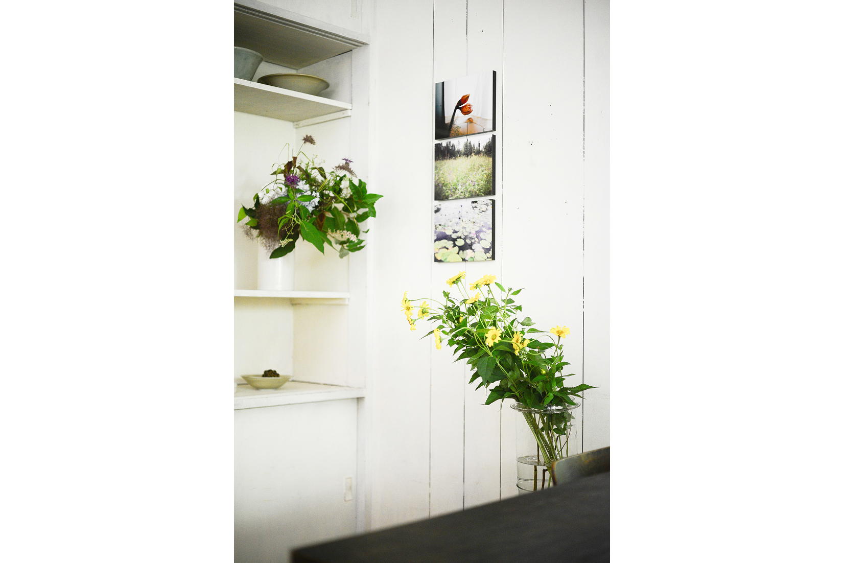 白い壁にWALL DECOR カジュアルが飾られた、草花のある静かな部屋の風景