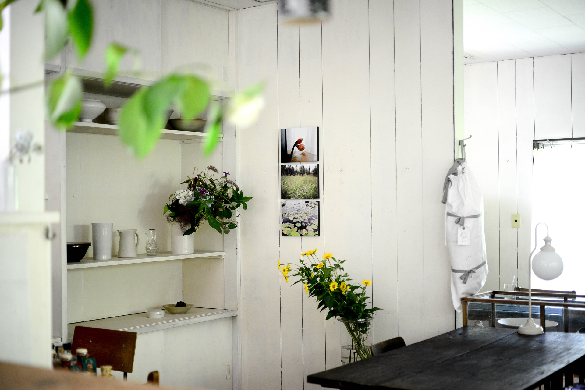 白い壁にWALL DECOR カジュアルが飾られた、草花のある静かな部屋の風景