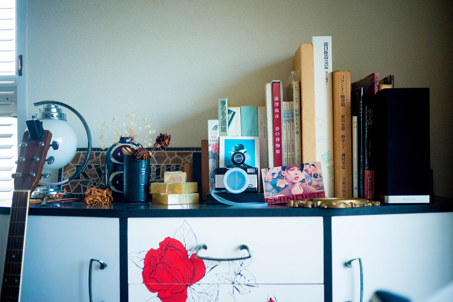 赤いバラのイラストが描かれた棚の上に、本やカメラ、ギター、ドライフラワーなどが並ぶ、趣味の詰まった芸術的なインテリアの風景。